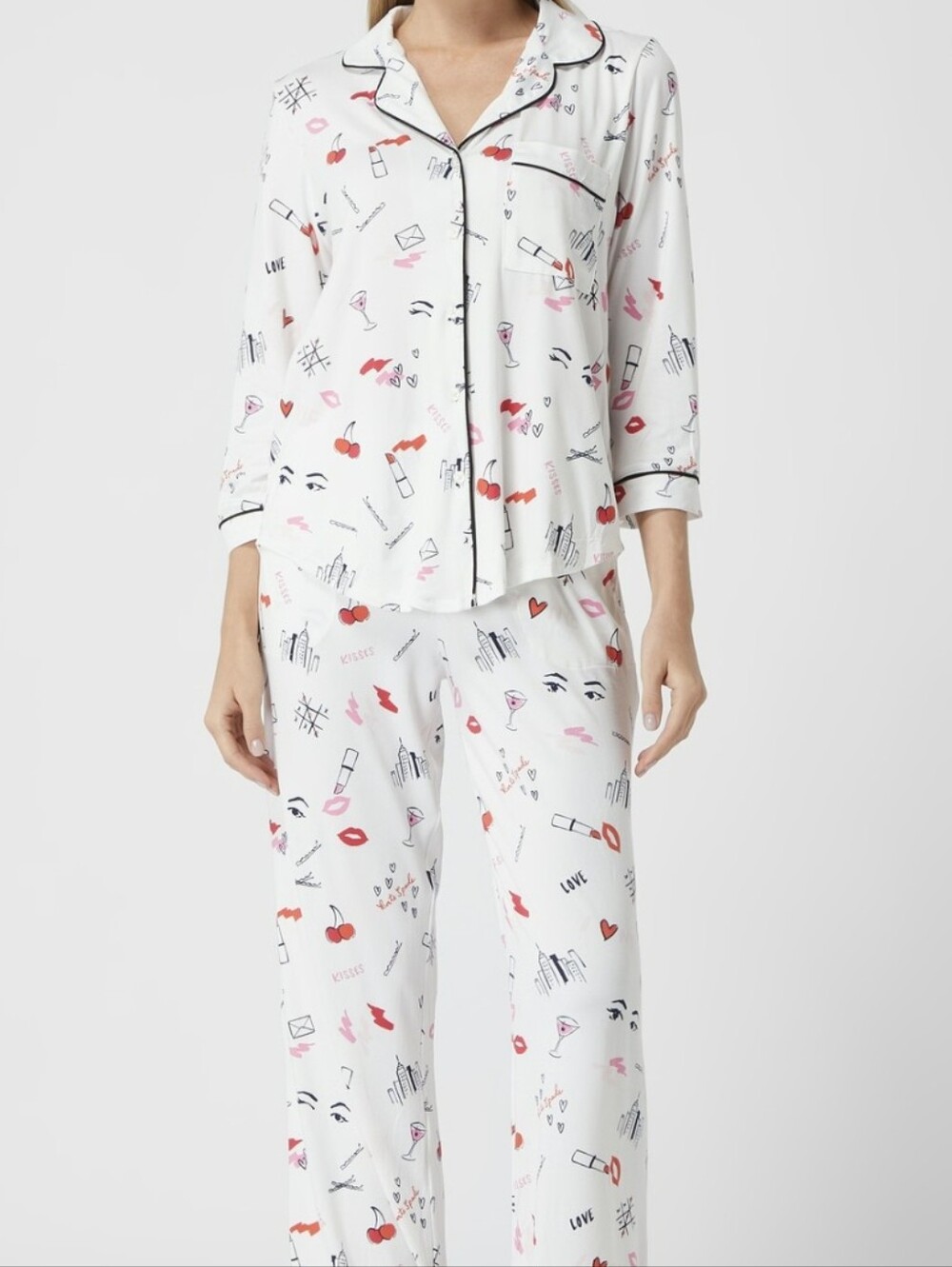 Kate Spade Womens Small White Lipstick & Hearts Pajama Set New Flaw